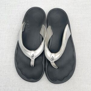 Olukai Womens 9 Ohana Sandals Shoes Silver Leather‎ Thong Flip Flop Beach Slide